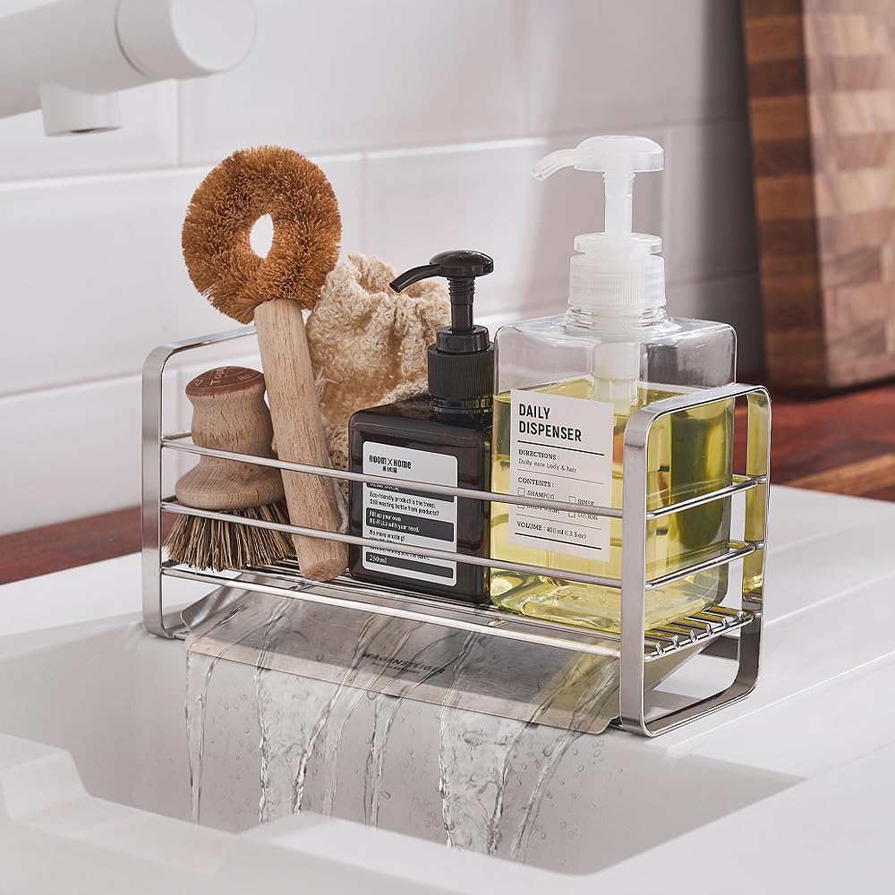 Stainless Steel Kitchen Sink Caddy Sponge Holder Soap Dispenser Sink Organizer with Removable Drainer Tray Washbasin Caddy Sink Drying Rack with Sloped Design